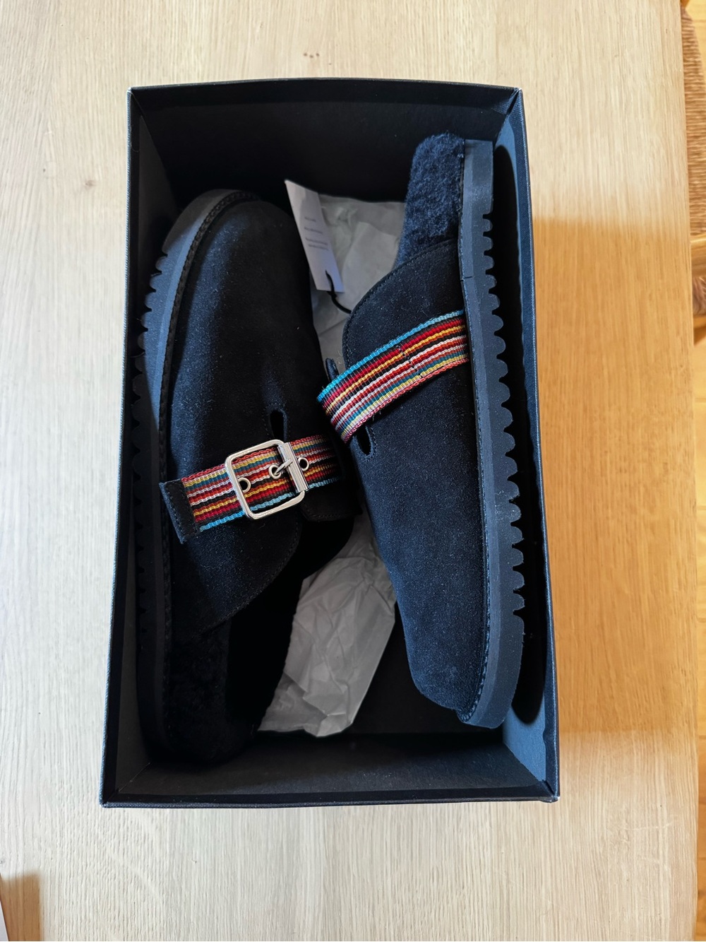 Paul Smith Black Suede Sherling Slip-Ons with Multicolor Stripe Strap